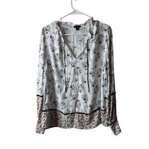 Ann Taylor White Floral Tie Neck Ruffle Long Sleeve Blouse